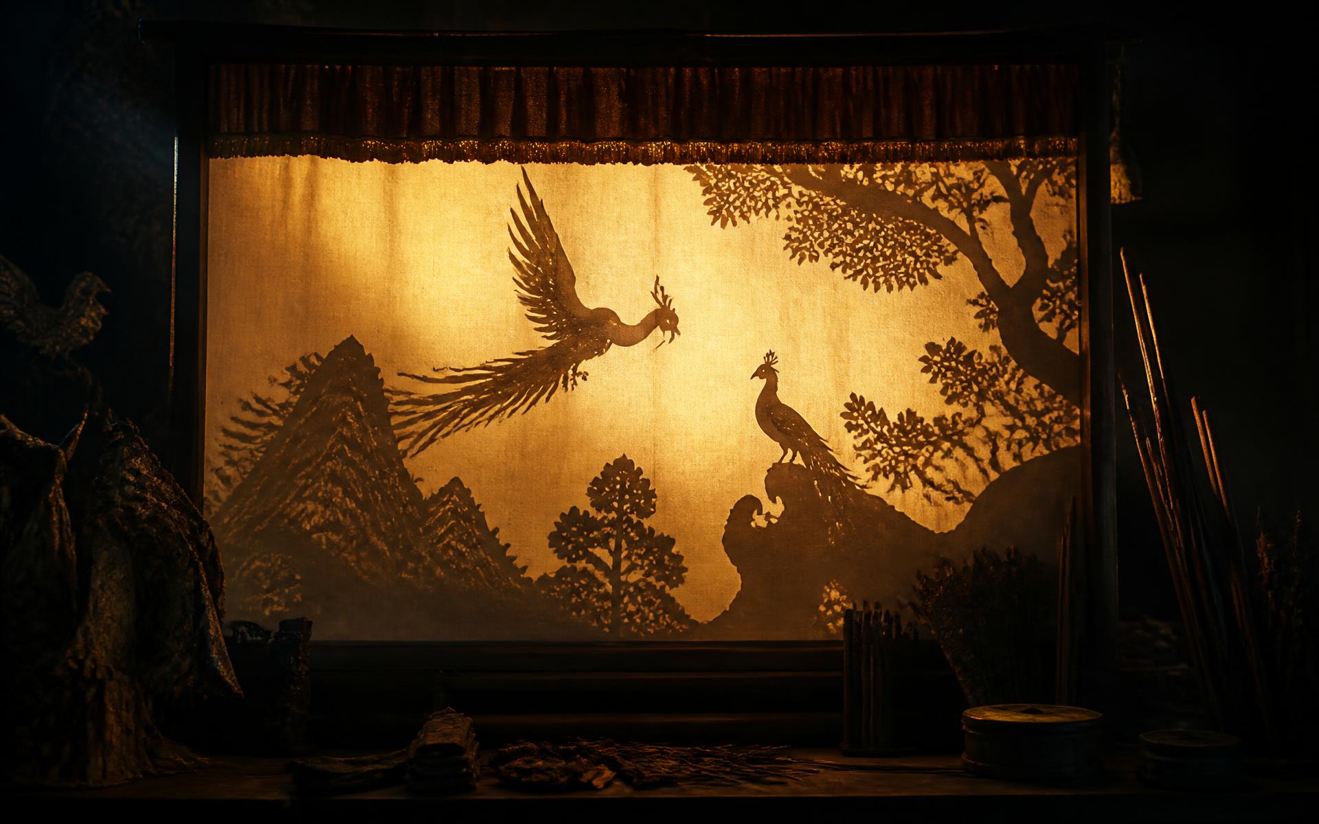Backlit shadow puppet screen glowing in a darkened theater