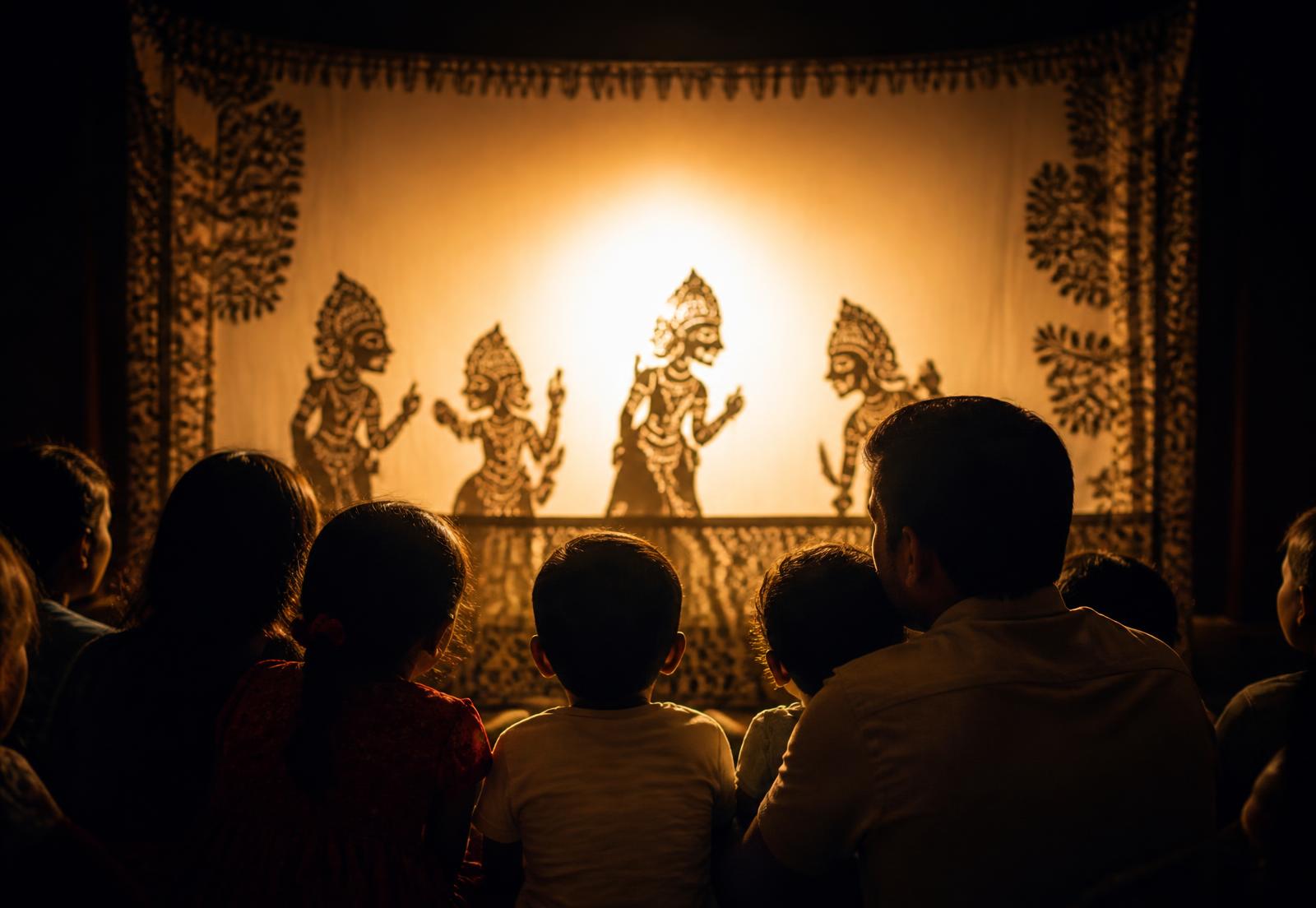 Children and families watching a shadow performance